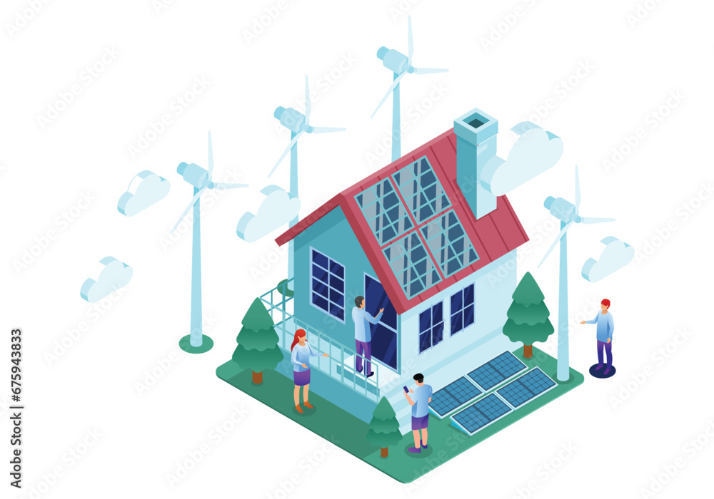 Turbine Green Energy Electricity, Windmill for electric power production, Wind turbines generating electricity Green Energy Concept Illustration