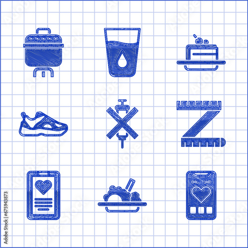 Set No doping syringe, Healthy food, Mobile with heart rate, Tape measure, Medical clipboard, Sport sneakers, Cake and Cooking pot icon. Vector