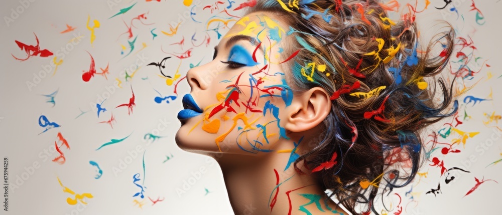 Fototapeta premium A captivating portrait of a woman with vibrant paint and whimsical butterflies, symbolizing creativity and the essence of spring.