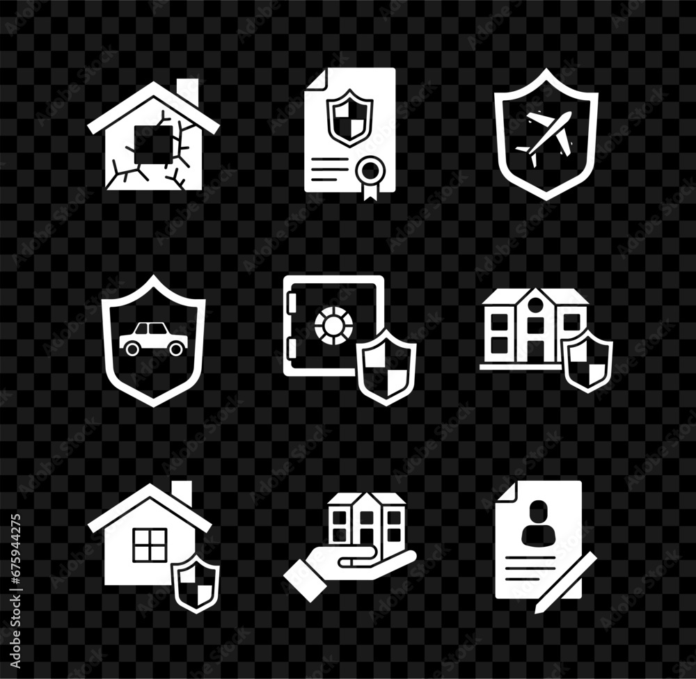 Set House, Contract with shield, Plane, in hand, Document, Car and Safe icon. Vector Set House, Contract with shield, Plane, in hand, Document, Car and Safe icon. Vector