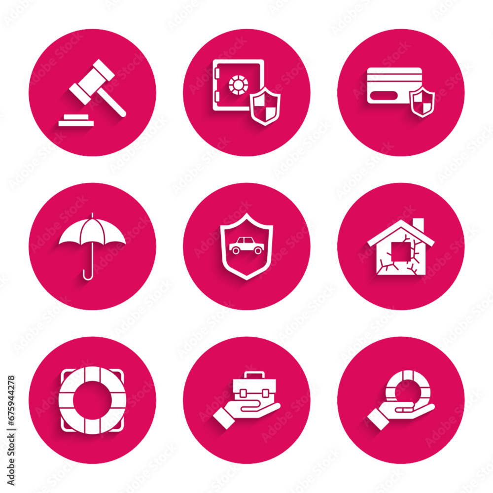 Set Car with shield, Hand holding briefcase, Lifebuoy hand, House, Umbrella, Credit card and Judge gavel icon. Vector Set Car with shield, Hand holding briefcase, Lifebuoy hand, House, Umbrella, Credit card and Judge gavel icon. Vector