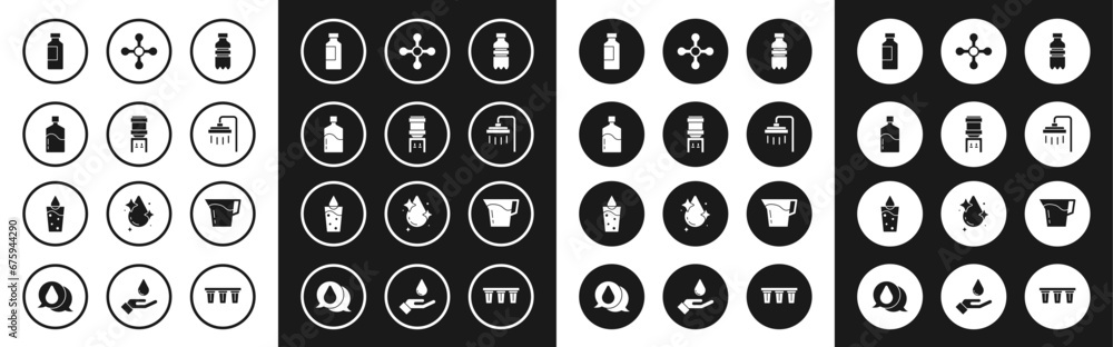 Set Bottle of water, Water cooler, Big bottle with clean, Shower, tap, Jug glass and Glass icon. Vector Set Bottle of water, Water cooler, Big bottle with clean, Shower, tap, Jug glass and Glass icon. Vector