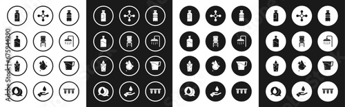 Set Bottle of water, Water cooler, Big bottle with clean, Shower, tap, Jug glass and Glass icon. Vector