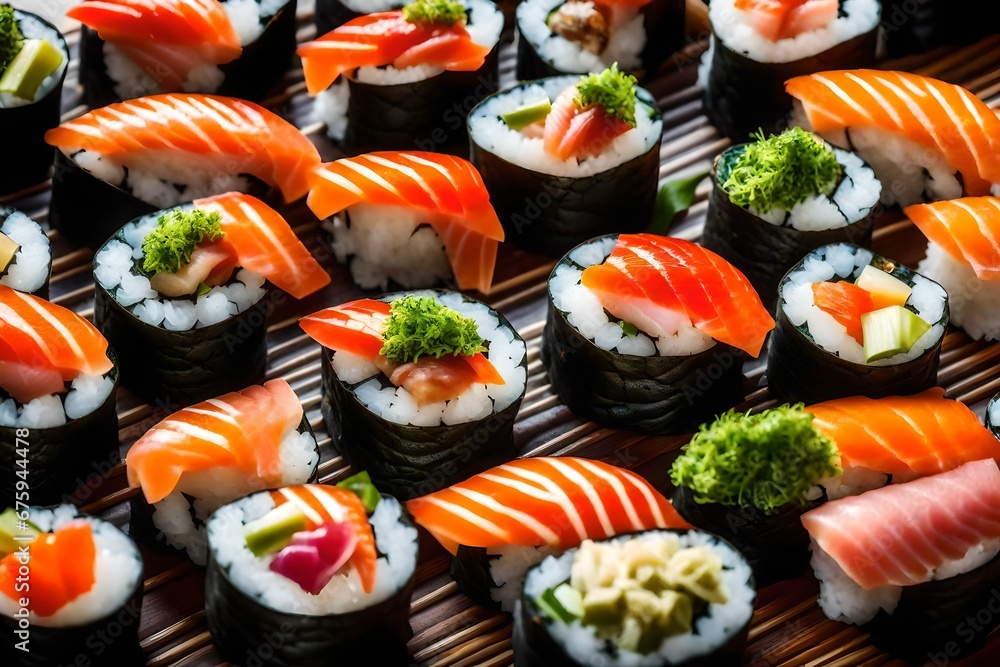 An enticing display of sushi rolls with a variety of colorful fish, perfectly seasoned rice An enticing display of sushi rolls with a variety of colorful fish, perfectly seasoned rice