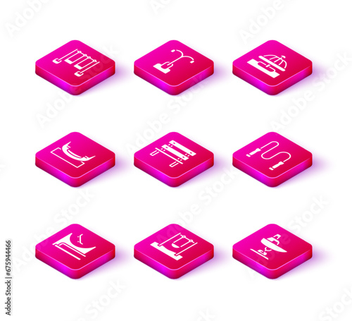 Set Skate park, Swing, Boat swing, Bench, boat, Jump rope, Attraction carousel and Street light icon. Vector