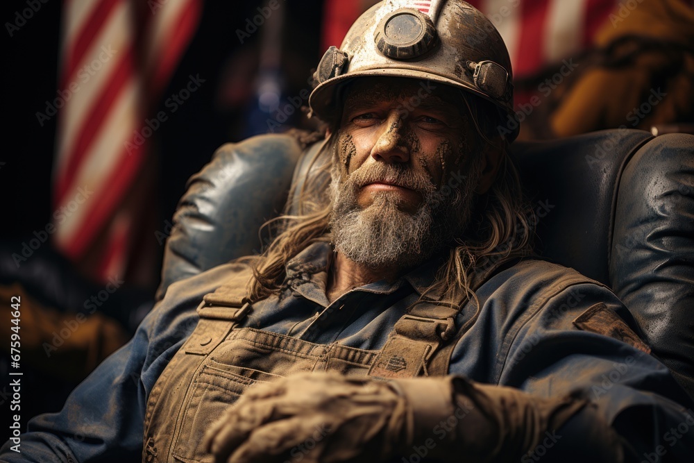 Fototapeta premium American worker in a safety helmet resting in a chair