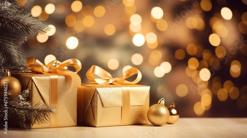 christmas gifts on bokeh lights background