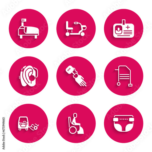 Set Prosthesis hand, Woman in wheelchair, Adult diaper, Walker, Disabled car, Hearing aid, Identification badge and Hospital bed icon. Vector
