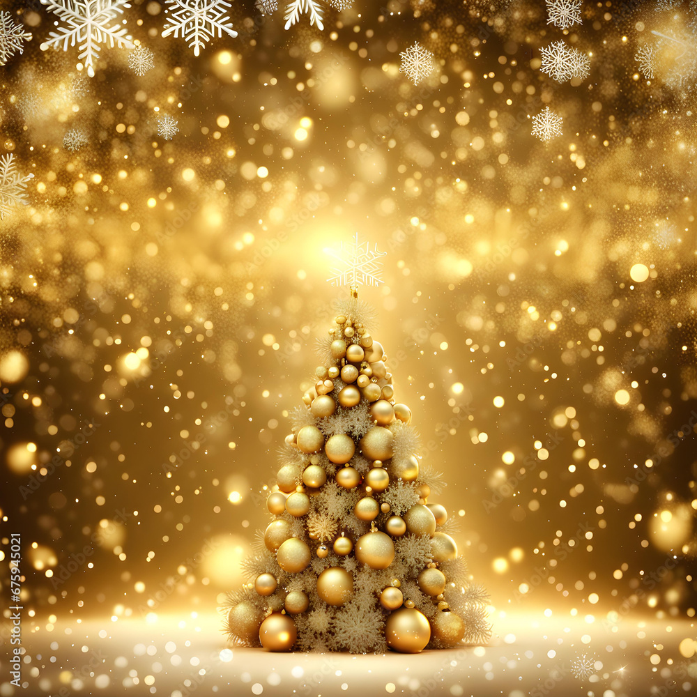 Gold sparkling christmas background with big and luxurious Christmas tree and snowflakes