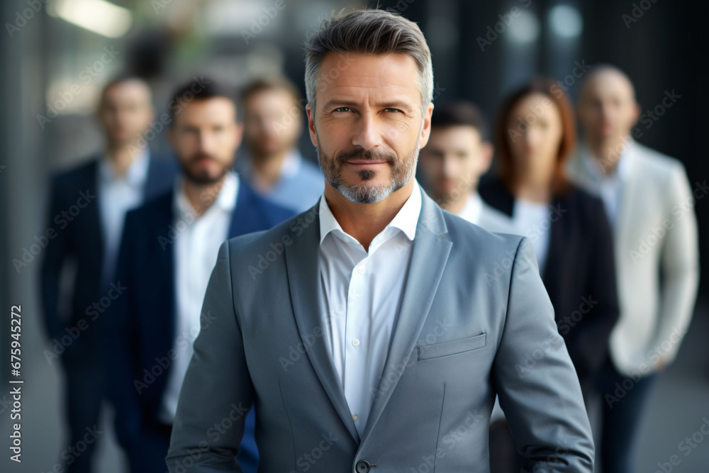Portrait of a businessman standing in front of his team. Concept of teamwork, collaboration and excellent leader Portrait of a businessman standing in front of his team. Concept of teamwork, collaboration and excellent leader