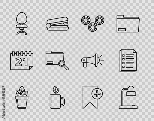 Set line Flowers in pot, Table lamp, Gear, Cup of tea and leaf, Office chair, Search concept with folder, Bookmark and File document icon. Vector