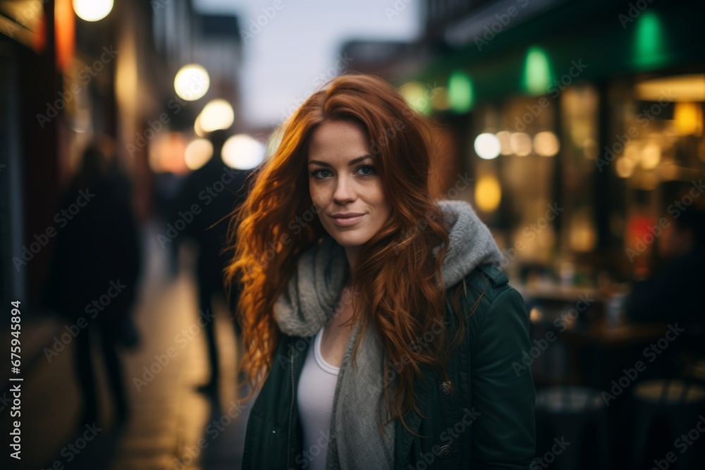 Beautiful young woman with red hair walking in the city at night