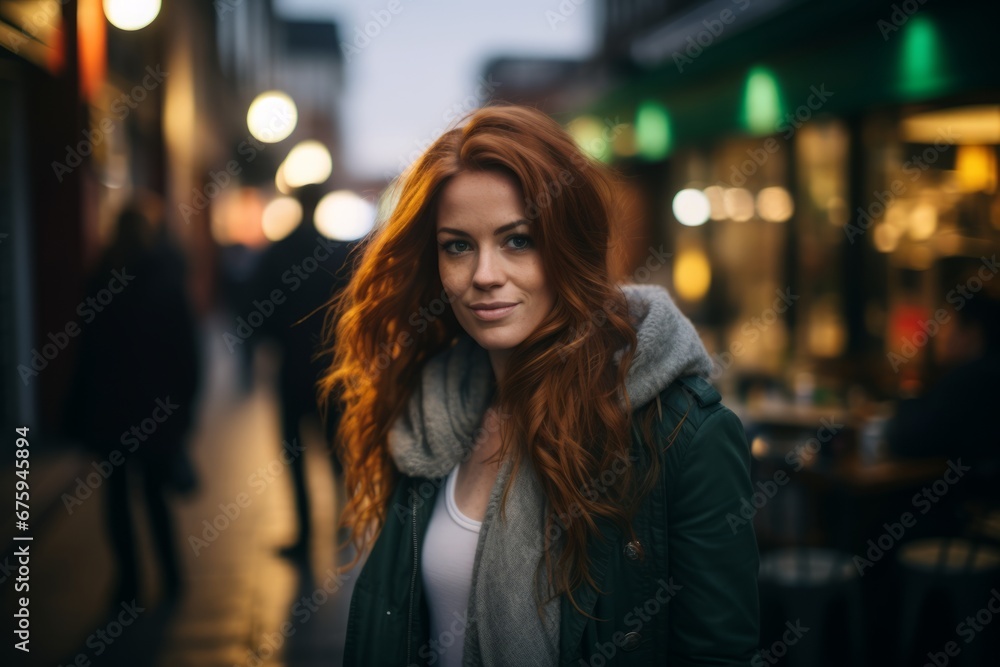 Beautiful young woman with red hair walking in the city at night Beautiful young woman with red hair walking in the city at night