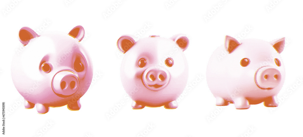 Halftone Piggy Banks set. Duotone dotted iconic risograph Pigs symbols on a white background. Riso vintage vector illustration. Halftone Piggy Banks set. Duotone dotted iconic risograph Pigs symbols on a white background. Riso vintage vector illustration.