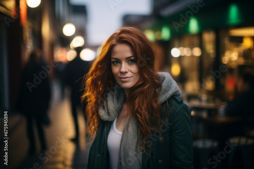 Beautiful young woman with red hair walking in the city at night © Nerea