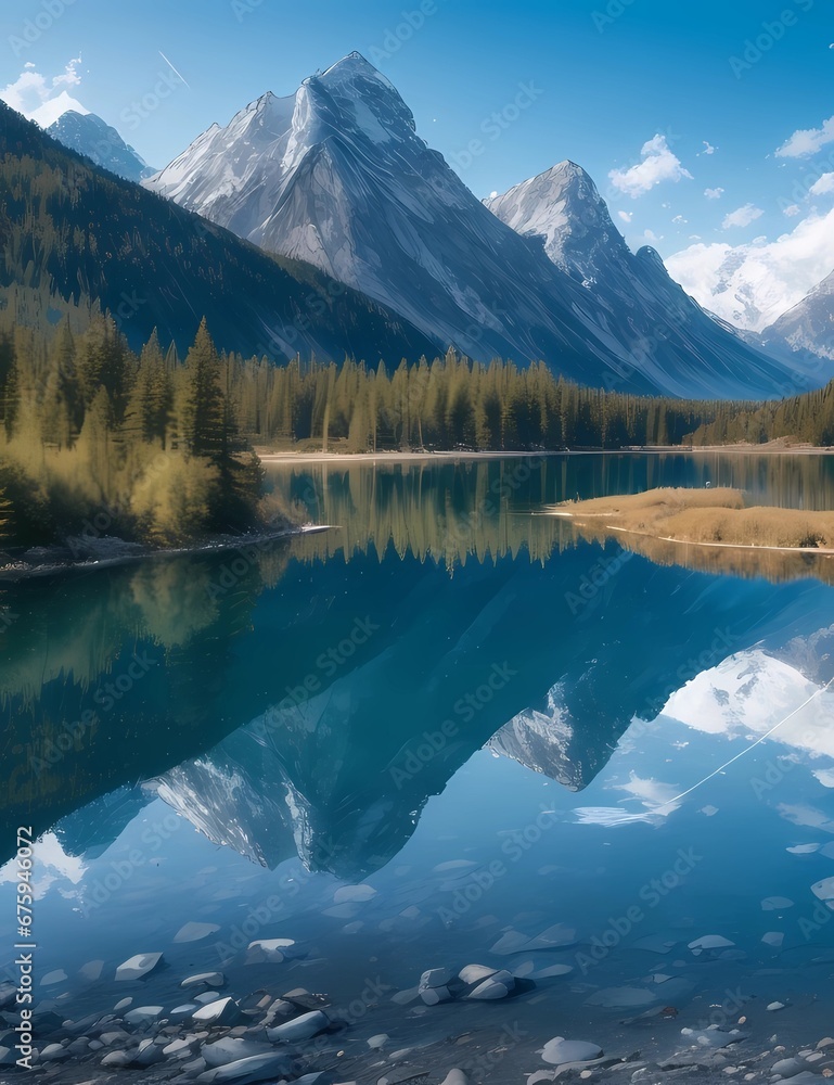 A crystal clear lake reflecting the surrounding mountain 