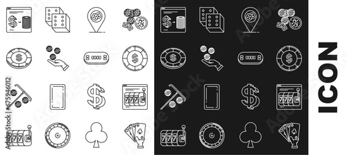 Set line Hand holding playing cards, Online slot machine with lucky sevens jackpot, Casino chip dollar symbol, location, casino chips, exchange stacks of dollars and Poker table icon. Vector