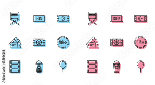Set line Play Video, Popcorn in cardboard box, Director movie chair, Balloon with ribbon, Under 18 years, Cinema ticket and Laptop screen HD video technology icon. Vector