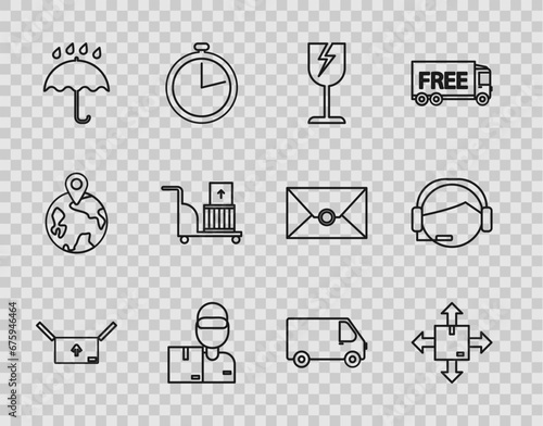 Set line Cardboard box with traffic symbol, Fragile broken glass, Delivery man cardboard boxes, Umbrella and rain drops, Electric hand truck, cargo vehicle and Support operator touch icon. Vector