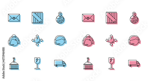 Set line Container on crane, Fragile broken glass symbol, Envelope, Delivery cargo truck vehicle, Cardboard box with traffic, Support operator touch, and Wooden icon. Vector