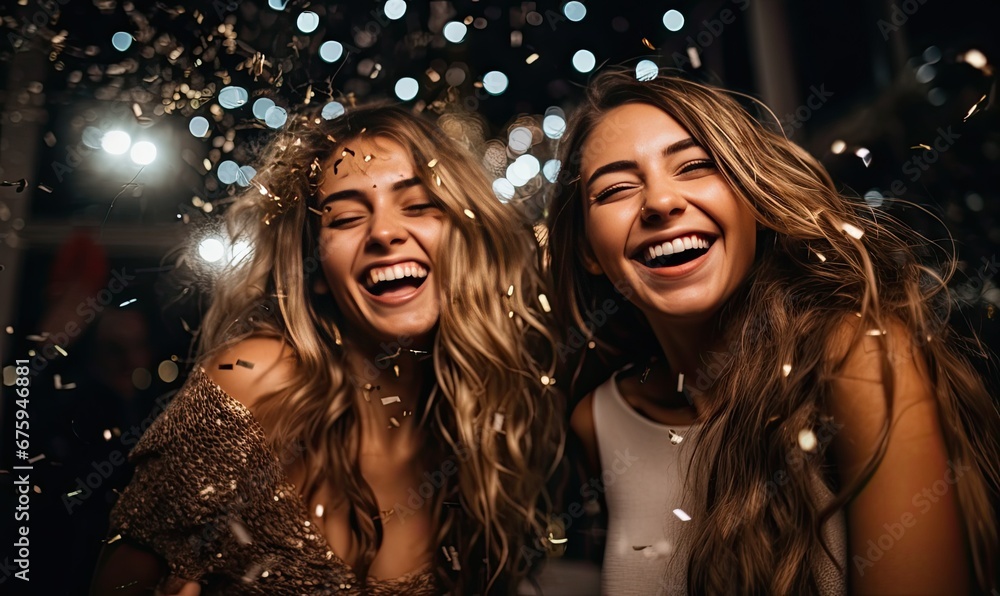 Photo of Two Joyful Women Celebrating with Confetti Explosion Photo of Two Joyful Women Celebrating with Confetti Explosion