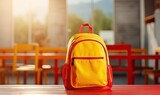 A Vibrant Yellow Backpack Resting on a Bold Red Table