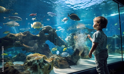 Little Boy Fascinated by Colorful Aquarium Fish