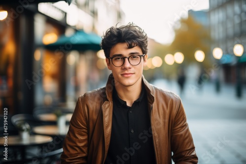 Young handsome man with glasses on the street in the city at sunset