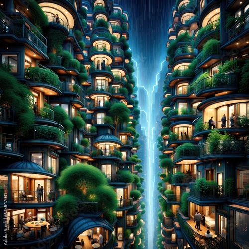 Green city at night. Greening of cities. The city of the future at night.