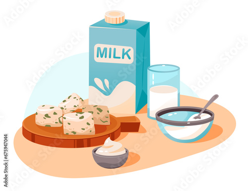 Milk and and roquefort cheese on the kitchen table. Dairy products set. Organic homemade food. Cartoon vector illustration