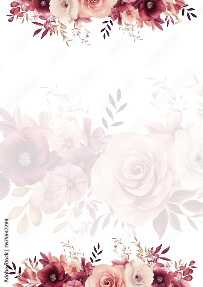 Pink red and white watercolor hand painted background template for Invitation with flora and flower