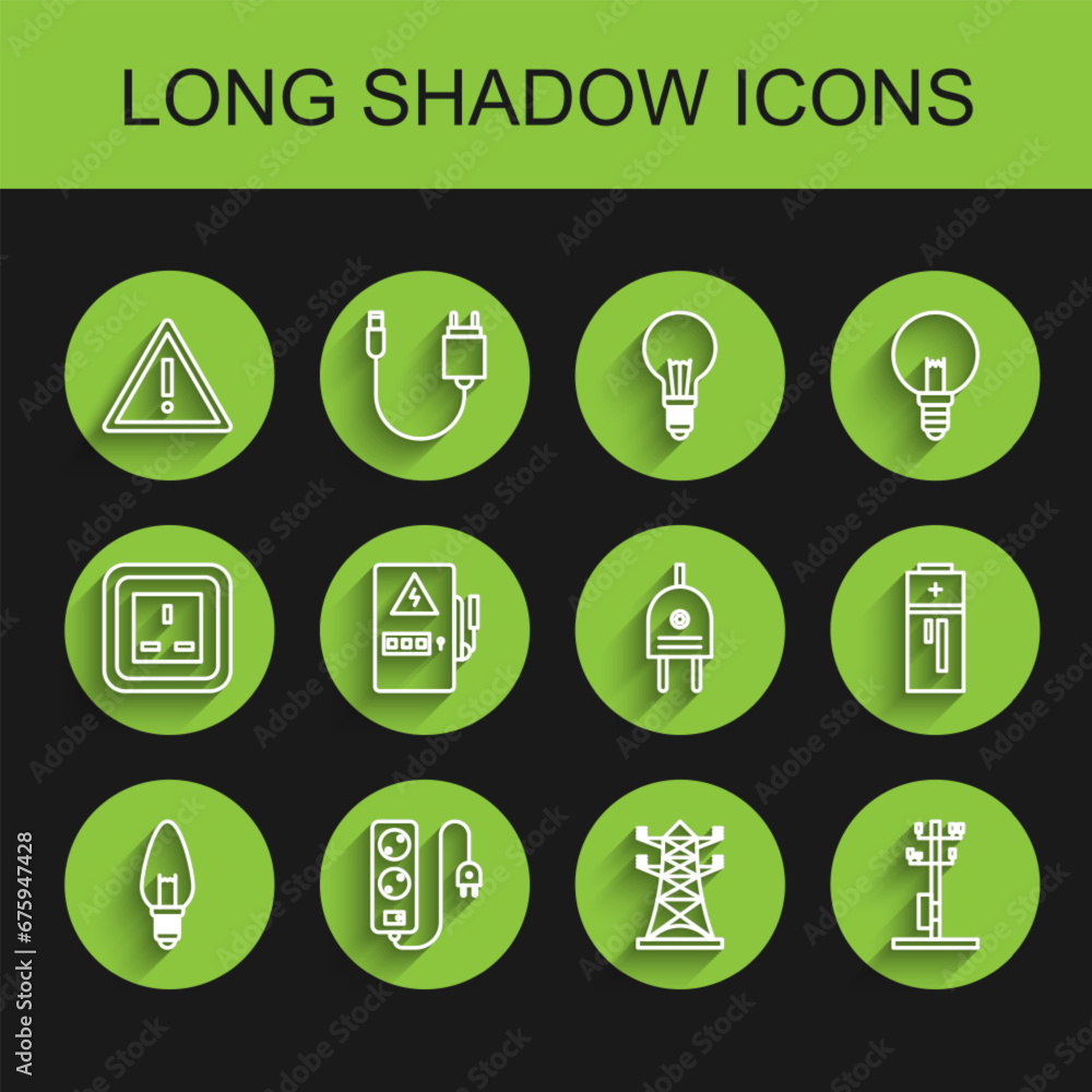 Set line Light bulb, Electric extension cord, Exclamation mark in triangle, High voltage power pole line, Electrical panel, Battery and plug icon. Vector Set line Light bulb, Electric extension cord, Exclamation mark in triangle, High voltage power pole line, Electrical panel, Battery and plug icon. Vector