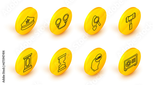 Set line Safe, Head with law, Old hourglass, Stage stand or debate podium rostrum, Judge gavel, Magnifying footsteps, Handcuffs and Police cap cockade icon. Vector