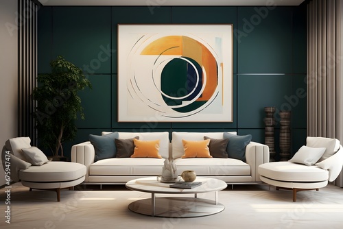 an inviting living room in an elegant color scheme, in the style of minimalist geometric abstraction, dark green and amber, contemporary scandinavian art, wlop, tondo, large canvases, dark azure and b photo