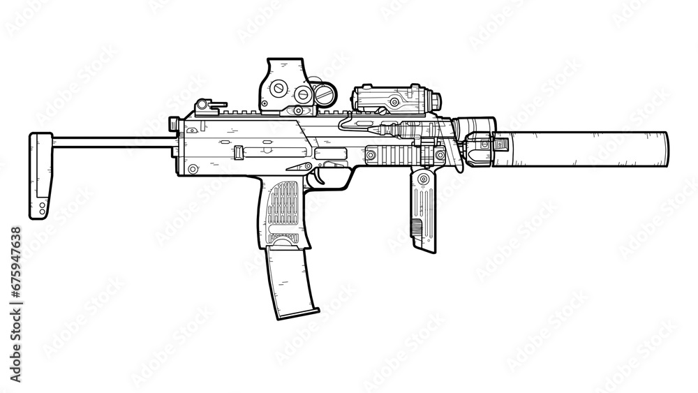Close-up of an MP7 submachine gun on an isolated white background. Art Line. Military weapons, gun concepts. Close-up of an MP7 submachine gun on an isolated white background. Art Line. Military weapons, gun concepts.