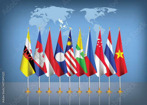 ASEAN member countries flag together.Association of Southeast Asian Nations flags in a row