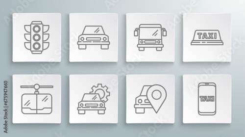 Set line Cable car, Car, service, Map pointer with taxi, Taxi call telephone, Bus, roof and Traffic light icon. Vector