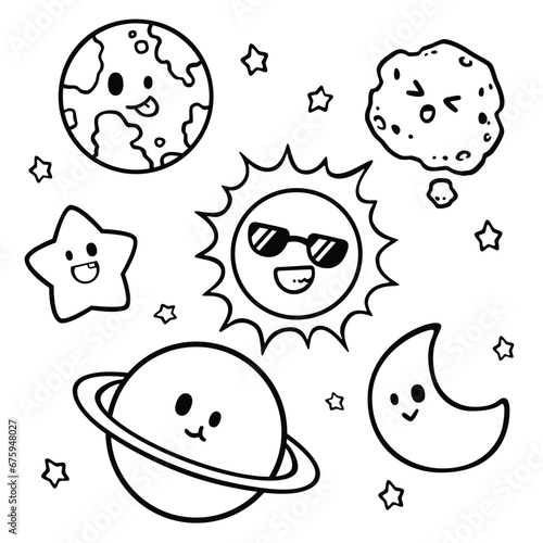 Space Planets Stars in the Sky. Educational vector cartoon character arts for kids and children. Simple outline line arts designs