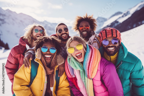 Group of multicultural friends enjoy in winter time on a snowy mountain. Fun outdoor concept on vacation.
