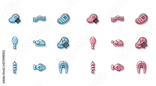 Set line Grilled shish kebab on skewer stick, Fish, Fresh frozen steak meat, Roasted turkey or chicken, Chicken leg and Bacon stripe icon. Vector