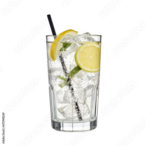 A glass of tonic water with lime and ice isolated on a transparent background.
