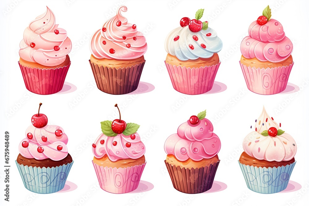 watercolor set of bright delicious pink cupcakes with cream and berries on white background watercolor set of bright delicious pink cupcakes with cream and berries on white background