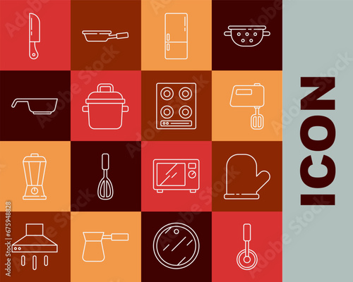 Set line Pizza knife, Oven glove, Electric mixer, Refrigerator, Cooking pot, Frying pan, Knife and Gas stove icon. Vector