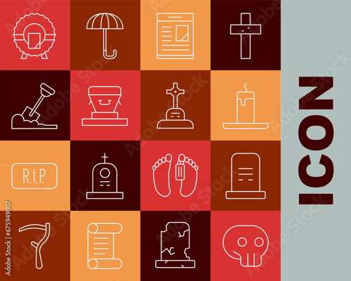 Set line Skull, Grave with tombstone, Burning candle, Obituaries, Coffin, Shovel the ground, Memorial wreath and cross icon. Vector