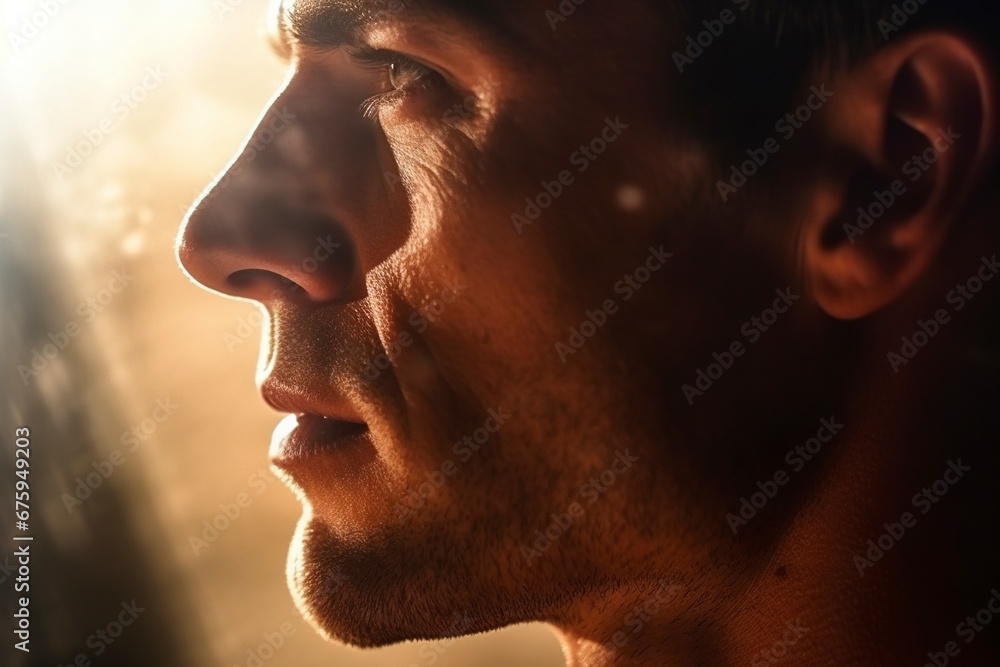 Obraz premium Close-up portrait, in profile, of a tough man in the sun, focused on achieving his goals.