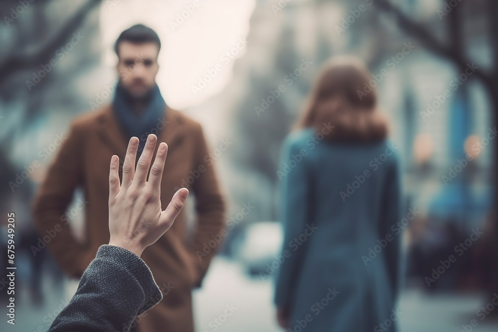 An upset couple, out of focus in the background, and a hand asking for a partner's help. - obrazy, fototapety, plakaty 