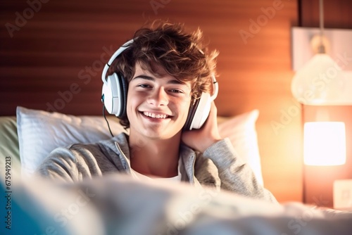 A young teenage boy smilingly listens to a podcast with jokes from his generation, in bed before going to sleep. photo