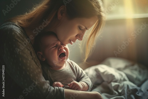 A baby crying in pain is calmed by his mother, who hugs him.