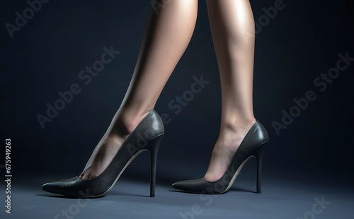 Elegant high-heeled footwear enhances the beauty of a slender woman's legs against a dark backdrop