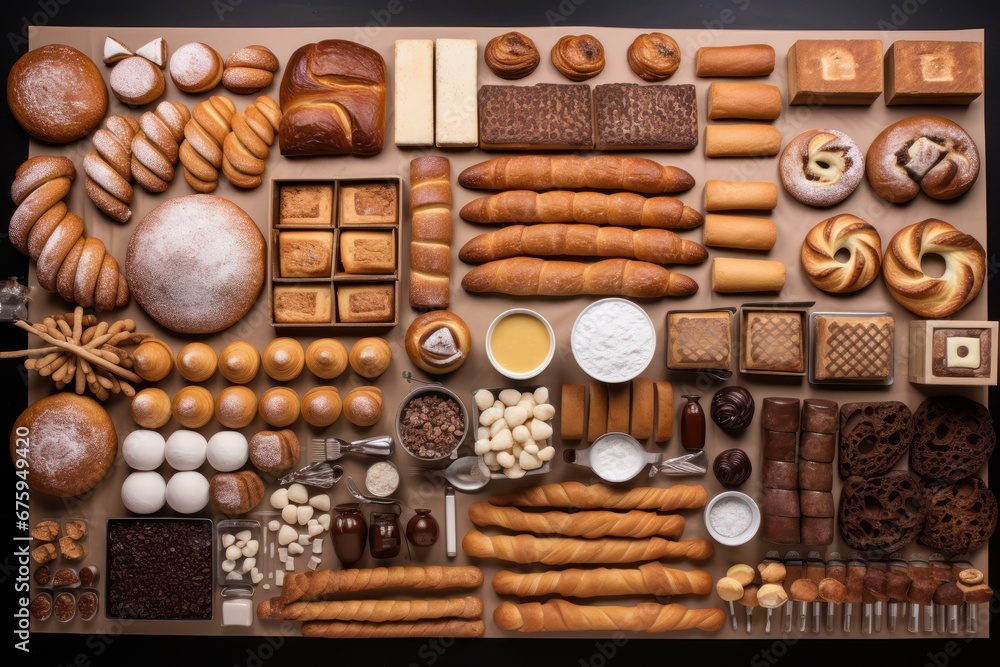 Bread, Cookies, sweets, pastries knolling, from above view, watercolor style.